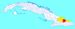 Mayarí municipality (red) within Holguín Province (yellow) and Cuba