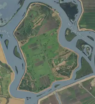 An aerial photo of an island.