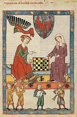 1305 and 1340 A.D., Zurich, Switzerland. Codex Manesse showing King Otto IV of Brandenburg playing chess with a woman. Below are buisines, tabor drum with two drumsticks, and bagpipes.