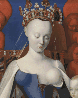 Painting of woman with very pale skin, hair nearly bald beneath her crown, with her bodice undone and one breast exposed