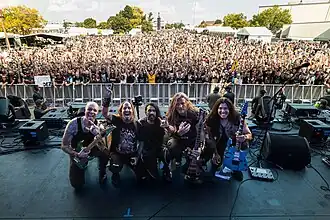 DevilDriver at Louder Than Life in 2025. From Left to Right: Gabe Mangold, Dez Fafara, Davier Pérez, Jon Miller, Alex Lee