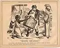 Cartoon from Punch, "Mending the Lesson" showing Miss Prudence warning John Bull about handing out too much charity to the needy during the Bihar famine of 1873–1874, and the latter's own interpretation of the Law of Supply and Demand