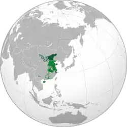 Mengjiang (dark green) alongside the Wang Jingwei regime (light green) at its furthest extent