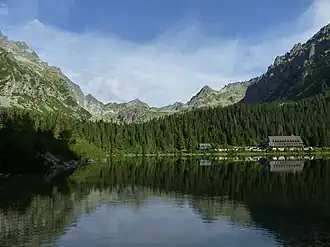 Deep blue lake surrounded by dense green pine forest mountains