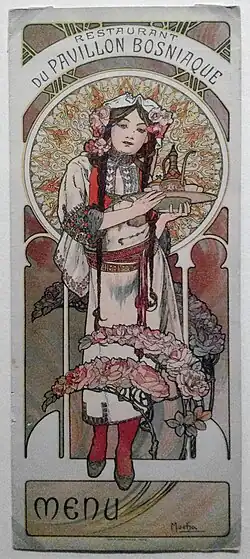 Menu designed by Mucha for the restaurant of the Bosnia Pavilion at the 1900 Paris Universal Exposition