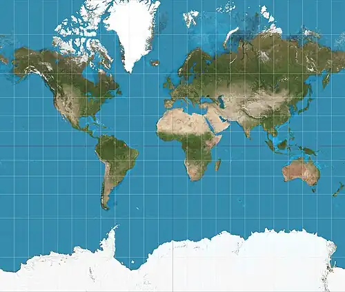 Mercator projection (showing between 82°S and 82°N)