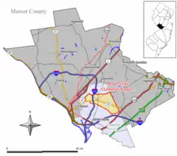 Map of the former Mercerville-Hamilton Square CDP in Mercer County. Inset: Location of Mercer County in New Jersey.