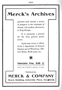 Ad for the January 1906 edition of the Merck's Archives