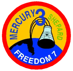 The circular patch depicts a Mercury capsule and a map of Florida, indicating the ballistic path of the capsule into the Atlantic Ocean. The words say: "Mercury 3 – Shepard – Freedom 7"