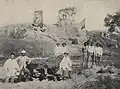 Bendegó meteorite in a photograph by H. Antunes, taken in 1887, showing the meteorite still on the bank of the Bendegó stream, with vice admiral José Carlos de Carvalho and engineers Humberto Saraiva Antunes and Vicente José de Carvalho.