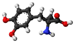 Ball-and-stick model of the methyldopa molecule