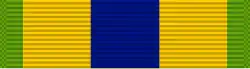 Width-44 golden yellow ribbon with width-4 emerald green stripes at the edges and a central width-12 ultramarine blue stripe
