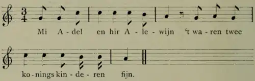 Sheet music in 3/4 time, showing two phrases of five-and-a-half beats, separated by a rest of half a beat.