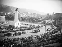 Michael Joseph Savage's funeral procession next to the cenotaph in 1940