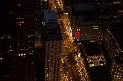 Aerial view of a highway and skyscrapers