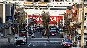Downtown Devonport back dropped with MS Spirit of Tasmania I