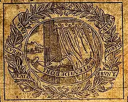 Title page of a book with a drawing of a hand writing a motto; a curtain hides the body of the writer.
