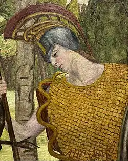 Painting of a nude woman reaching out to pet a leopard. A parrot is perched on the left.