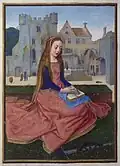 Catherine of Alexandria seated in front of the donjon inside the castle. Illumination by Simon Bening from the manuscript Hortulus Animae (1510)