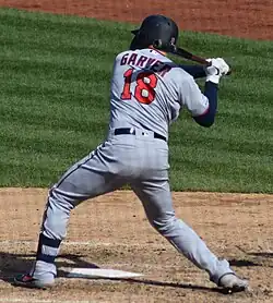 Mitch Garver preparing to swing, from behind, in a gray Minnesota Twins uniform