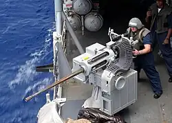 An Mk38. The M242 has a characteristic fluted gun barrel to reduce weight and assist cooling.[8]
