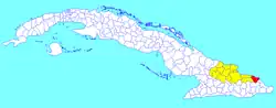 Moa municipality (red) within Holguín Province (yellow) and Cuba