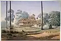 Watercolour with pen and ink of a kyaung (Buddhist monastery) at Amarapura, Burma, 1855