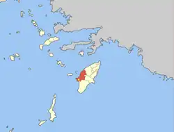 Monolithos (yellow dot) within Attavyros municipal unit (red)