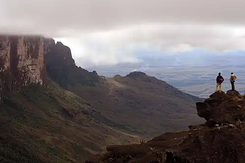 Two people standing on high ground