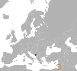 Map indicating locations of Montenegro and Palestine