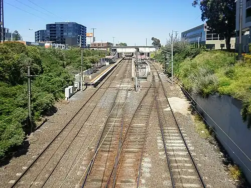 Station platforms at Moorabbin looking south, viewed from South Road, north of Moorabbin station.