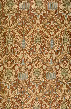 Granada woven silk velvet brocaded with gilt thread and blue areas block-printed, Morris, 1884