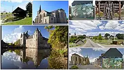 Clockwise from upper left: old lavoir; Church of Our Lady; mural of Paimpont forest; carved demon supporting the church pulpit; street views of the commune; Château de Trécesson