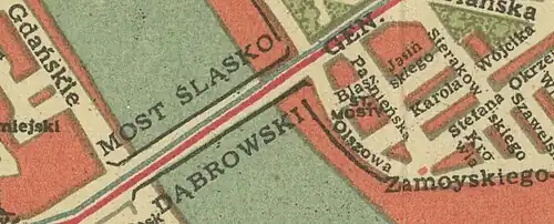 City plan from 1950, after the construction of the Silesian-Dąbrowa Bridge