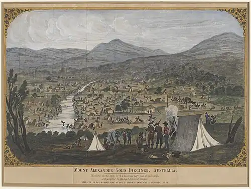 Drawing of a goldfields tent settlement set up by a river. A mountain range can be seen in the background.
