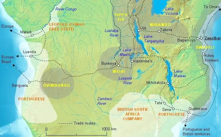 South-central Africa in 1880 showing the central position of Msiri’s Kingdom and the principal trade routes, with the approximate territories of Msiri’s main allies (names in yellow) and the European powers (names in orange) before borders were settled by the Berlin Conference. The east coast trade was controlled by the Sultan of Zanzibar. Areas of influence of other tribes and of France and Germany not shown