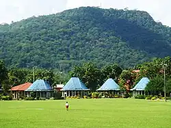 Round Samoan meeting houses (fale tele) with blue painted roofs in Lepea village with Mount Vaea beyond, the burial place of Robert Louis Stevenson.