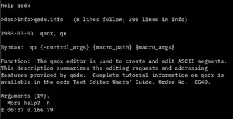 Screenshot of Multics help program showing information for qedx text editor in black screen