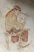 Muse tuning two phorminges. The phorminx was an intermediate stage, as the cithara developed from the lyre. Detail from an Attic white-ground cup from Eretria, c. 465 BCE.