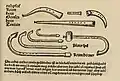 Page from Sebastian Virdung's 1511 book Musica Getutscht und Ausgezogen. Top left corner: a curved cornett labeled Zincken. Below it is a straight cornett, also Zincken. Top right corner, a Gemshorn