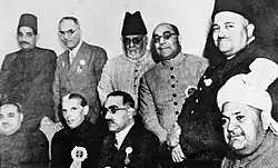 Muslim League Working Committee members in Lucknow in October 1937. From left to right are Iftikhar Hussain Khan Mamdot, Jinnah, Sir Sikandar Hayat Khan (as a guest) & Amir Muhammad Khan. Standing from right are Khwaja Nazimuddin and Liaqat Ali Khan.
