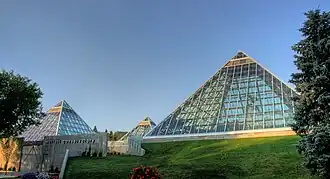 The Muttart Conservatories in the North Saskatchewan river valley in Edmonton, Alberta, Canada.