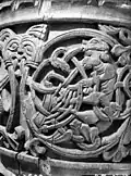 Circa 13th century, Sweden. Gunnar playing the harp, from Näs Church in Jämtland, Sweden.