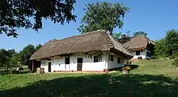 Two white houses with overhanging thatched roofs.