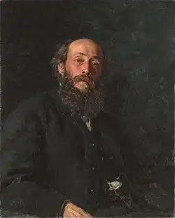 Oil portrait of artist Nikolai Ge seated and facing the viewer, painted by Ilya Repin in 1880.