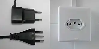 Two-pin charger, three-pin 10&nbsp;A plug and 10&nbsp;A socket-outlet conforming to Brazilian Standard NBR&nbsp;14136.