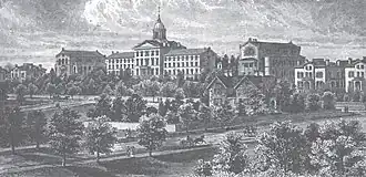 1880 engraving of the New Brunswick Theological Seminary campus featuring several nineteenth-century academic buildings