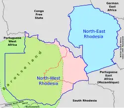 south-central Africa, 1899–1911; North-Eastern Rhodesia is shaded blue.