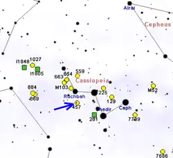 Map showing the location of NGC 457 in the constellation of Cassiopeia.