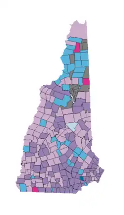 Image 8Largest reported ancestry groups in New Hampshire by town as of 2013. Dark purple indicates Irish, light purple English, pink French, turquoise French Canadian, dark blue Italian, and light blue German. Gray indicates townships with no reported data. (from New Hampshire)